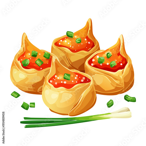 Steamed dumplings with savory meat filling and red caviar topping served with fresh green onion sprigs - Vector Illustration