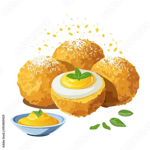 Crispy fried arancini risotto balls served with a spicy yellow dipping sauce and fresh green herbs - Vector Illustration