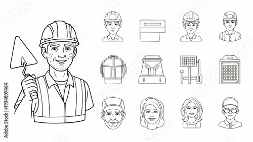 Construction Worker with Tools and Equipment Icons, Vector Line Art Illustration