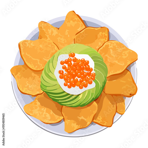 Crunchy nacho chips topped with fresh avocado mousse and red caviar for a luxurious party appetizer snack - Vector Illustration