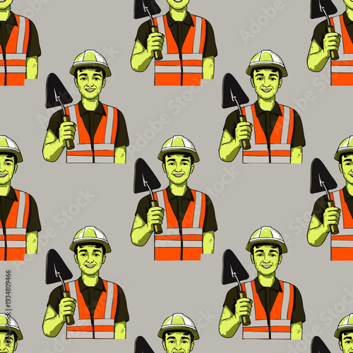 Seamless pattern of a smiling construction worker in a hard hat and safety vest holding a trowel, cartoon style