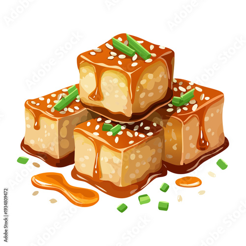Crispy golden tofu cubes seasoned with sesame seeds and fresh green herbs for a healthy vegan snack - Vector Illustration