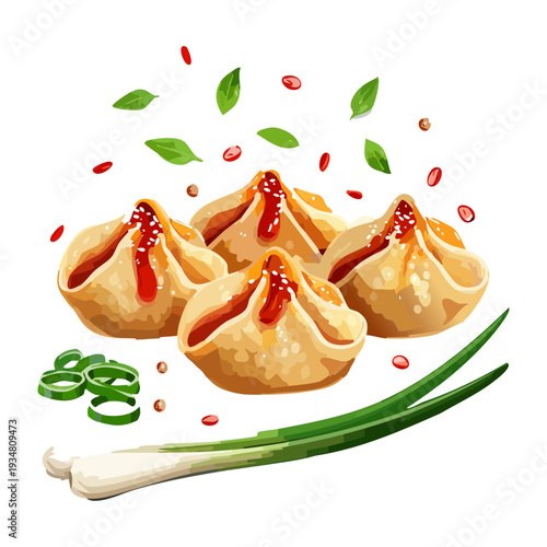 Steamed asian dumplings garnished with red spice and fresh green onions for traditional dim sum meal - Vector Illustration