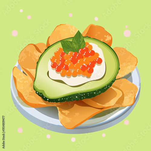 Plate of crispy tortilla chips with fresh guacamole and red caviar topping for an elegant fusion snack - Vector Illustration