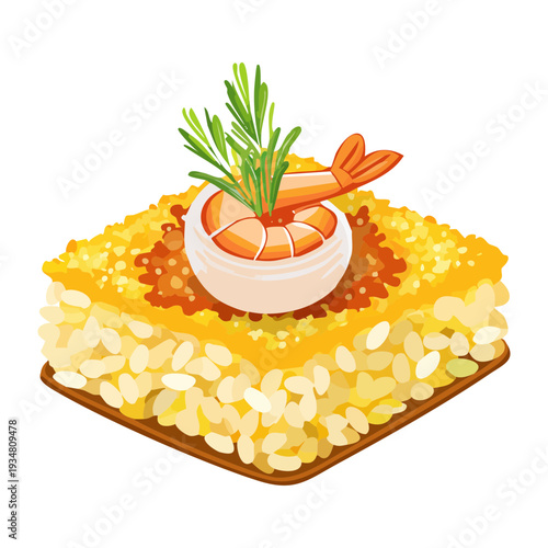 Square golden cracker topped with creamy mousse and a whole shrimp garnished with fresh green herbs - Vector Illustration