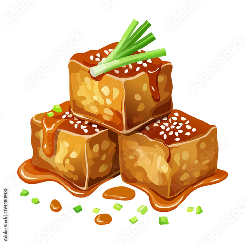 Fried tofu blocks drizzled with savory sauce and topped with fresh chives for a vegetarian appetizer platter - Vector Illustration