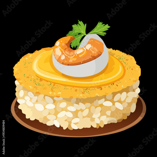 Round bread topped with creamy sauce and a single shrimp presented on a dark elegant contrast surface - Vector Illustration