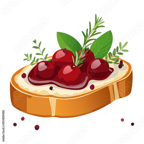 Slice of toasted baguette topped with creamy spread red berries and fresh herbs for festive party snack - Vector Illustration