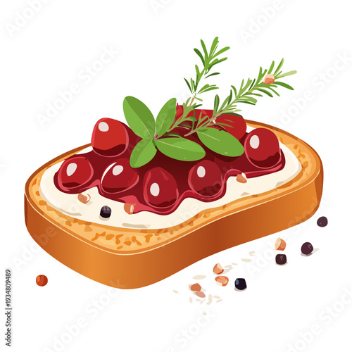 Toasted bread topped with red berry jam and fresh rosemary for a sweet and savory brunch snack - Vector Illustration
