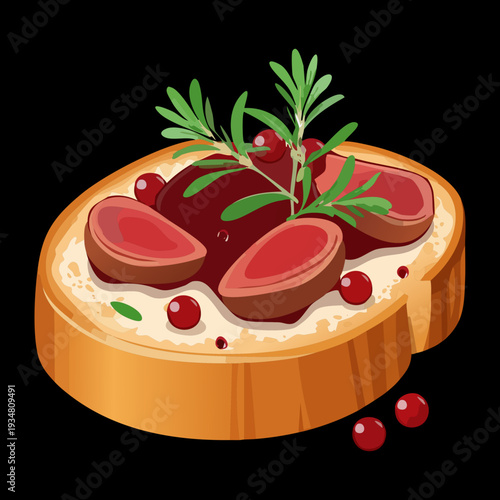 Gourmet bruschetta topped with dark meat and red berries presented on a dark dramatic contrast surface - Vector Illustration