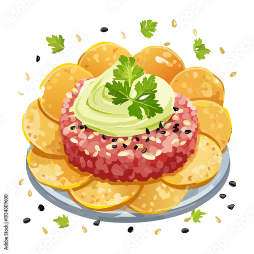 Crispy nachos topped with fresh guacamole and red caviar for a luxury fusion party snack appetizer - Vector Illustration