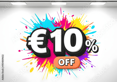 Discount €10 Off Splatter: Dynamic graphic promoting a €10 discount, with vibrant paint splatter and a bold, eye-catching design.