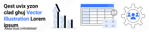 Business analytics, financial planning, teamwork, data management, accounting tools, organization processes. Diagram includes a bar graph, spreadsheet layout and gear with team symbol. Business