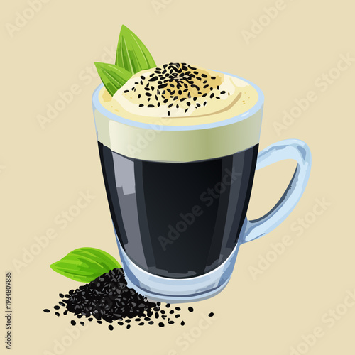Iced black coffee topped with creamy foam and black sesame seeds served in a modern glass cup - Vector Illustration