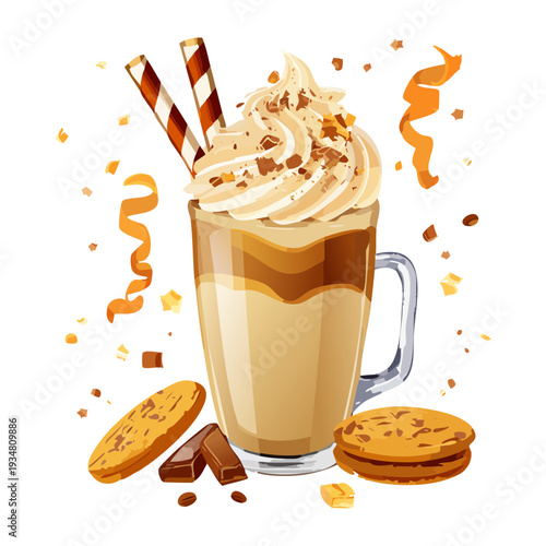 Refreshing iced coffee frappe with whipped cream and caramel sauce served with chocolate bits and crunchy cookies - Vector Illustration