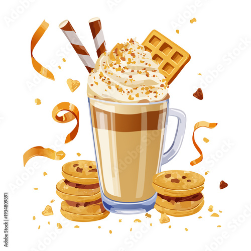 Tall glass of iced latte topped with whipped cream caramel drizzle served with crispy cookies and waffles - Vector Illustration