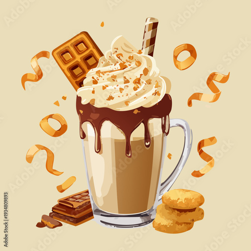 Rich chocolate milkshake topped with thick whipped cream chocolate bar and drizzle served with crunchy biscuits - Vector Illustration