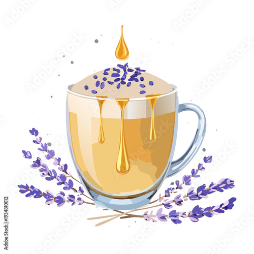 Soothing lavender tea topped with honey and dried purple flowers in a clear glass mug - Vector Illustration