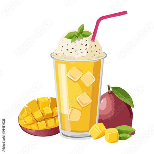 Refreshing iced mango peach tea with fresh fruit slices and ice cubes in a tall glass - Vector Illustration