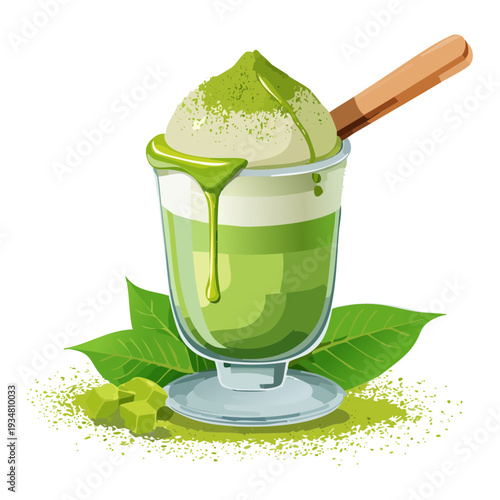 Iced matcha green tea latte topped with whipped cream and matcha powder in a glass - Vector Illustration