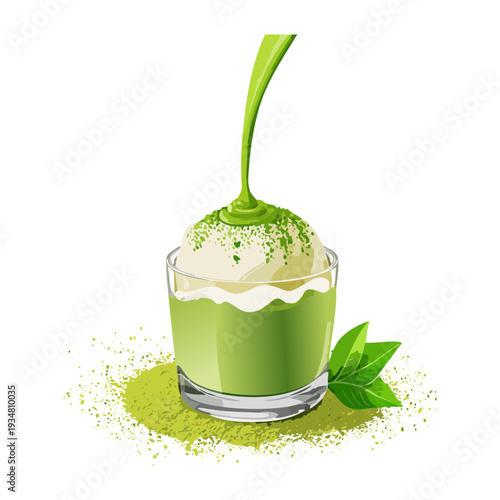 Freshly whisked matcha green tea latte with a smooth creamy foam layer in glass - Vector Illustration