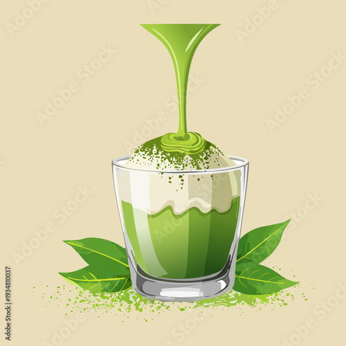 Premium ceremonial matcha green tea being poured into a glass with thick foam - Vector Illustration