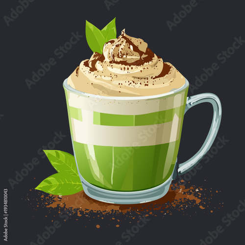 Rich matcha frappe with chocolate drizzle and whipped cream garnish in a stylish glass mug - Vector Illustration
