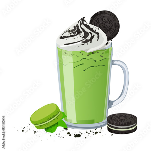 Iced matcha tea with whipped cream and chocolate cookie sandwich in a tall glass - Vector Illustration
