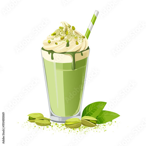 Green pistachio smoothie with whipped cream and crushed nuts in a clear glass cup - Vector Illustration