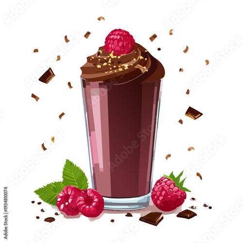Raspberry chocolate frappe with whipped cream and fresh berry garnish in a tall glass - Vector Illustration