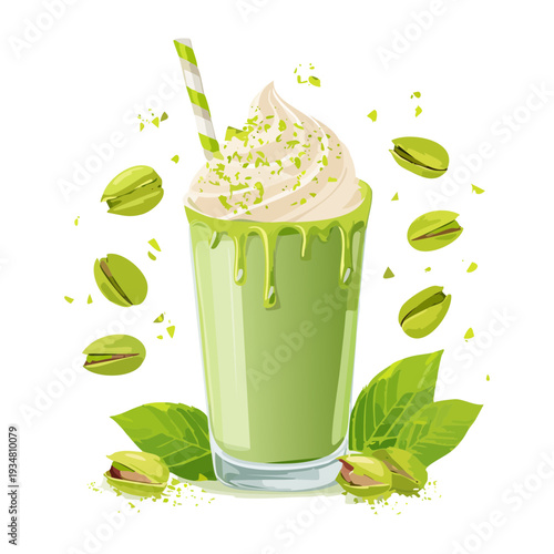 Iced pistachio latte with whipped cream and crushed nuts in a tall glass with straw - Vector Illustration