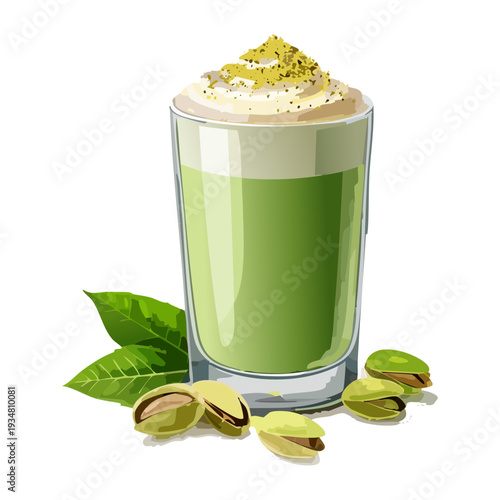 Cold pistachio milk drink with crushed nuts and foam in a tall glass cup - Vector Illustration