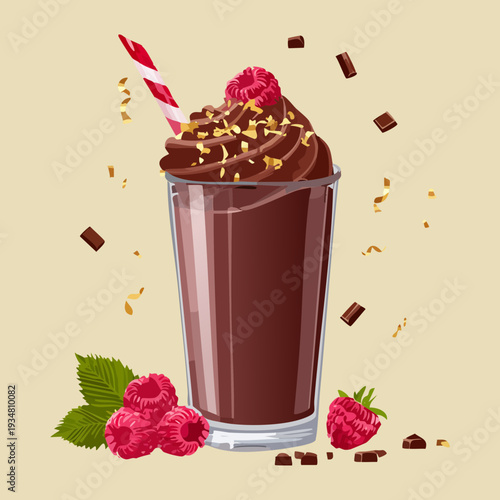 Decadent chocolate raspberry milkshake with whipped cream and berry pieces in a tall glass - Vector Illustration