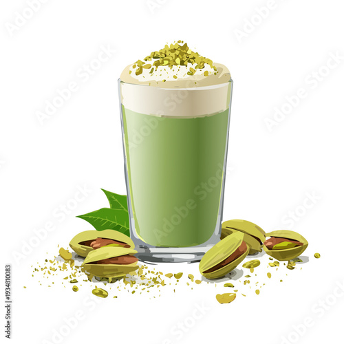 Hot pistachio matcha latte with whipped cream and crushed nuts in a glass cup - Vector Illustration
