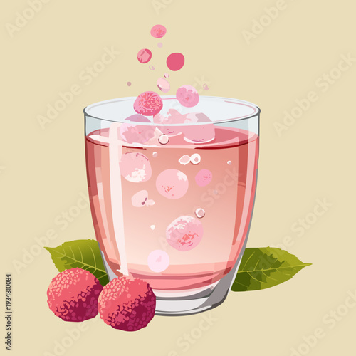 Refreshing lychee berry tea with fresh fruit pieces and mint in a glass cup - Vector Illustration