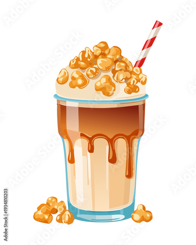 Golden caramel popcorn frappe with whipped cream and caramel sauce in glass - Vector Illustration