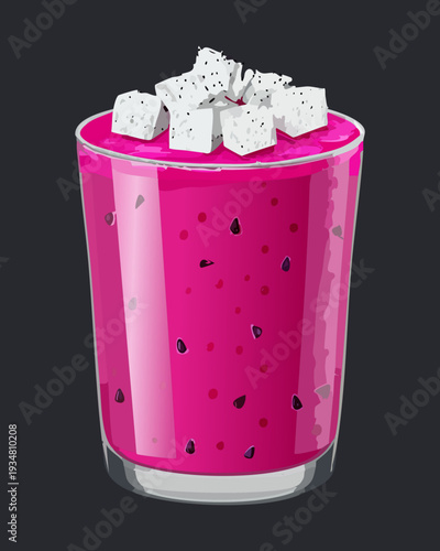 Vibrant dragon fruit juice topped with ice and fresh pitaya cubes in glass - Vector Illustration