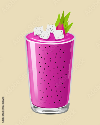 Refreshing pitaya smoothie with fresh dragon fruit pieces in a tall glass - Vector Illustration