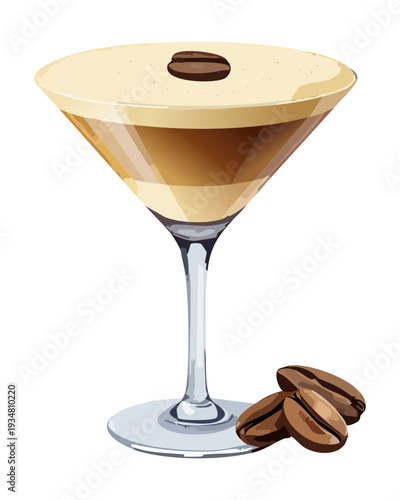 Gourmet espresso martini with creamy foam and coffee beans in martini glass - Vector Illustration