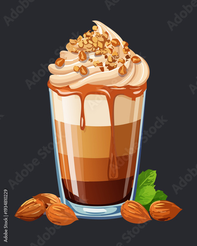 Iced hazelnut coffee with whipped cream and caramel drizzle in glass cup - Vector Illustration