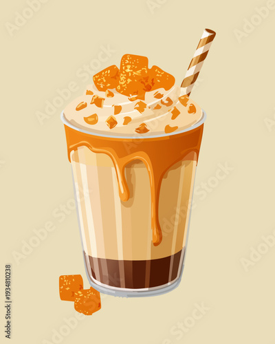 Caramel latte topped with whipped cream and golden caramel cubes in glass - Vector Illustration