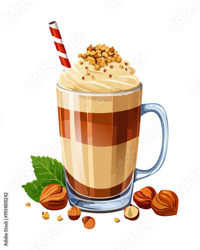 Hazelnut latte coffee with whipped cream and roasted nut pieces in glass - Vector Illustration