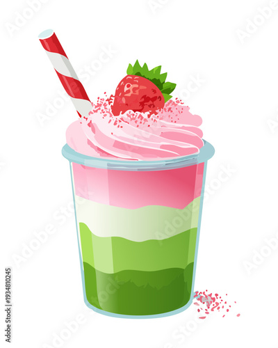 Pink strawberry green tea smoothie with whipped cream and fresh berries - Vector Illustration