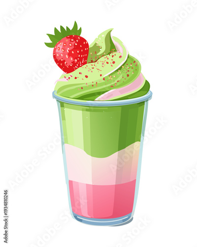 Refreshing strawberry matcha smoothie with whipped cream and berry garnish in glass - Vector Illustration
