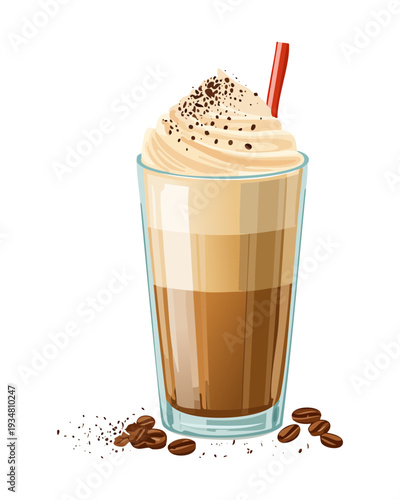 Layered vanilla latte coffee with milk foam and coffee grounds sprinkle - Vector Illustration