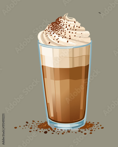 Creamy vanilla latte with thick milk foam and coffee grounds in glass - Vector Illustration