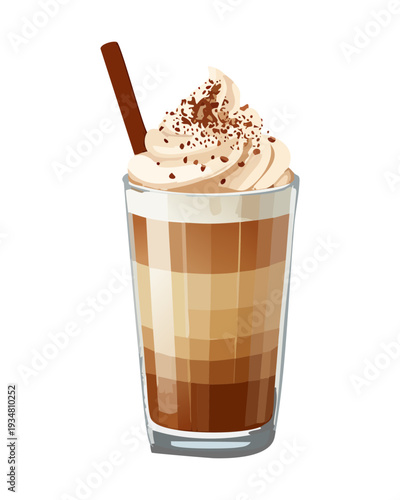 Iced vanilla latte with milk foam and ground coffee garnish in glass - Vector Illustration