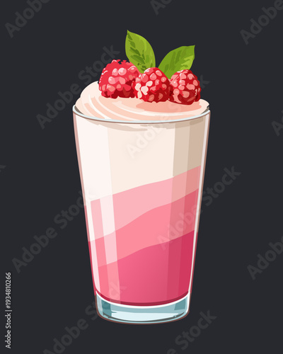 Creamy raspberry smoothie with whipped cream and fresh berries in a glass - Vector Illustration