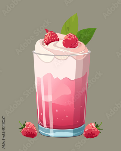 Refreshing raspberry frappe with whipped cream and fresh berry garnish in glass - Vector Illustration