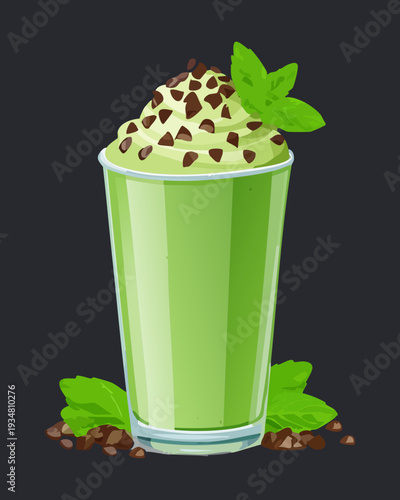 Green mint chocolate chip milkshake with whipped cream and mint leaves - Vector Illustration